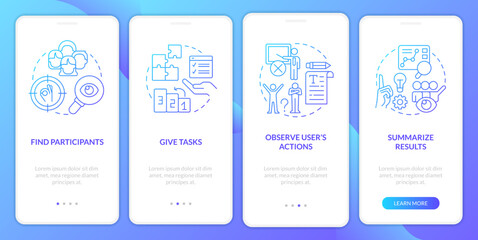 Usability testing session plan blue gradient onboarding mobile app screen. Walkthrough 4 steps graphic instructions with linear concepts. UI, UX, GUI template. Myriad Pro-Bold, Regular fonts used