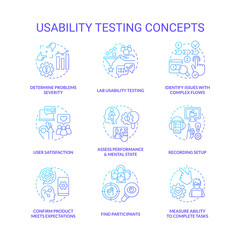 Usability testing blue gradient concept icons set. Conduct website design research. UX assess process idea thin line color illustrations. Isolated symbols. Roboto-Medium, Myriad Pro-Bold fonts used