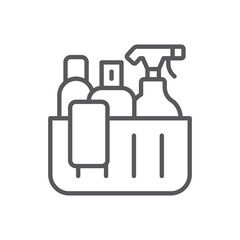 Basket for cleaning with detergents line icon. linear style sign for mobile concept and web design. Household cleaning products outline vector icon. Symbol, logo illustration. Vector graphics
