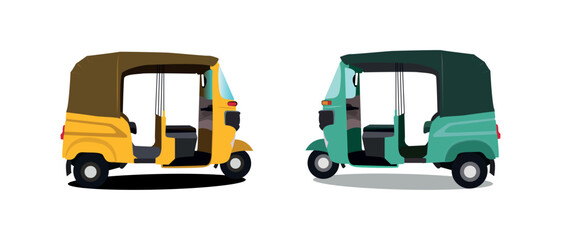 Set of yellow and green auto rickshaw side view illustrations in India.