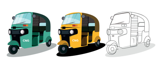 Set of yellow and green auto rickshaw side view illustrations in India.