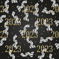 Fototapeta na wymiar New year background with inscription 2023. A beautiful seamless pattern with a silver serpentine and confetti on a black background. The Christmas concept. Festive background. Sale 2023 background.