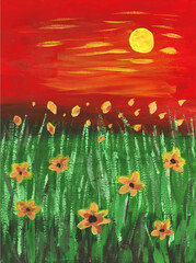 sunset red sky flowers yellow on a green background acrylic watercolor painting