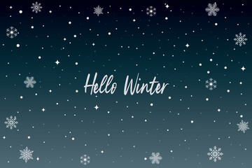 Bright colorful background with white snowflakes and Hello winter lettering.