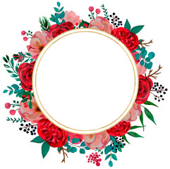 Watercolor golden floral frame. Frames of red and pink roses, eucalyptus.