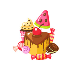 sweets. tasty delicious food cupcakes muffins sweets biscuits. Vector snacks illustrations