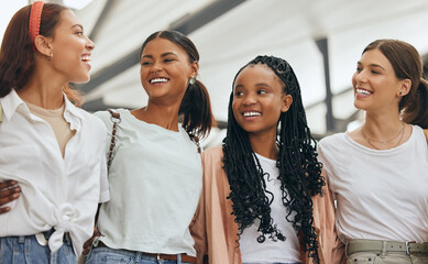 Happy international women, friends diversity and lifestyle conversation in fashion shopping mall. Group of gen z girls talking, college students smile together with happiness and community happiness
