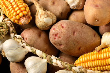 a pile of potatoes, corn cobs and garlic, a concept of harvest and natural ingredients for a...