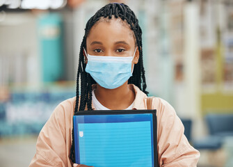 Student, covid and a portrait of black woman with face mask and file at university or college. Safety, protection from virus infection and education, young african girl learning during a pandemic.