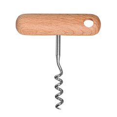 Corkscrew with wooden handle for wine bottle cork isolated on white background