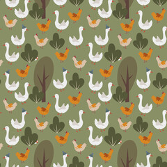 Seamless farm birds pattern, Goose and chicken background, Domestic birds cute print, Childish print with chickens and geese, Autumn repeat design,  children textile, wallpaper design, wrapping paper