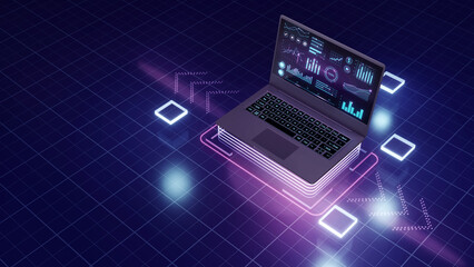 Software development concept. Programming, coding and software testing on laptop. Laptop on the table with business diagram on the screen. Digital Computer technology background concept. 3d render