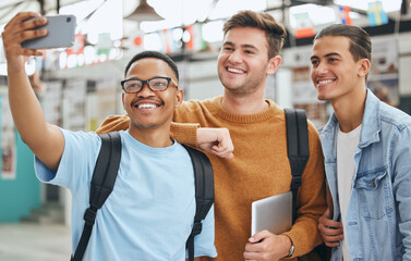Selfie, university campus and students friends portrait for group networking, social media update or cellphone digital memory. College, school men at education or learning scholarship fair on 5g tech - obrazy, fototapety, plakaty