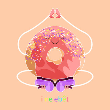 A sticker with the image of a donut. The concept of personification of food or kawaii food. Image of a cute donut in the lotus position