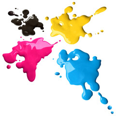 Obraz premium Splashes of four color printing inks cyan magenta yellow black isolated