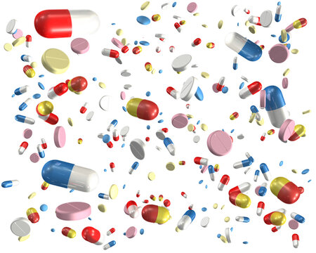 Pills and capsules falling. PNG file with transparent background. 3D illustration. Medicine, medical, pharmaceuticals.
