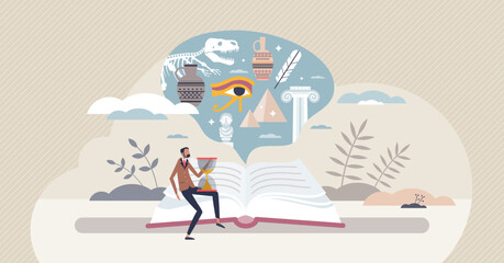 History book and ancient literature resources study tiny person concept. Academic education records with egypt mythology and culture research vector illustration. Information about old civilizations.