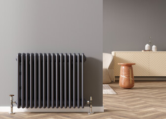 Heating radiator on gray wall in modern room. Home interior. Central heating system. Heating is getting more expensive. Energy crisis. 3D rendering.