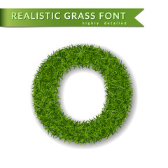 Grass letter O, alphabet 3D design. Capital letter text. Green font isolated white background, shadow. Symbol eco nature, environment, save the planet. Detailed lush plant meadow Vector illustration