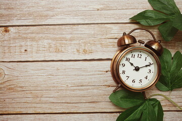 Alarm clock with green leave border frame on wooden background