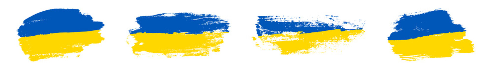 Ukrainian grunge texture flag set, stylized brush stroke, isolated white background. Blue yellow paint color brushstroke. Drawing national symbol Ukraine country. Patriotic design Vector illustration