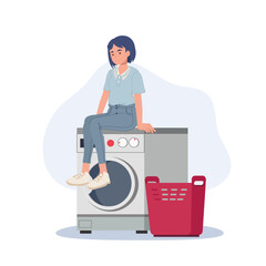 woman sitting on the washing machine while waiting at the end of the wash cycle. Vector illustration.