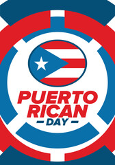 Obraz premium Puerto Rican Day. National happy holiday. Festival and parade in honor of independence and freedom. Puerto Rico flag. Latin american country. Patriotic elements. Vector poster illustration