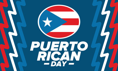 Puerto Rican Day. National happy holiday. Festival and parade in honor of independence and freedom. Puerto Rico flag. Latin american country. Patriotic elements. Vector poster illustration