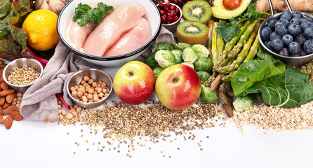 ..Healthy food background. Fresh vegetables, fruits and chicken meat.