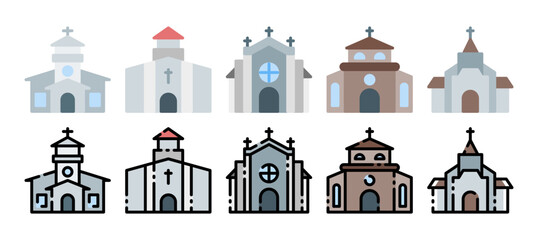 Church buildings flat and filled line icon set. Icons of christian religion. different style icon