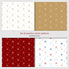 Set of seamless patterns for christmas. Winter background with white and gold snowflakes and stars.