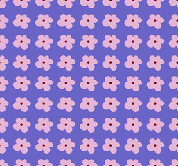 Fototapeta na wymiar Seamless pattern of red flower bud isolated on blue. 70s retro vintage geometric pattern background.