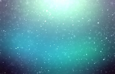 Light snow falling on glowing blur background of blue turquoise color. Lens effect, diffused light top, dark soft vignette.