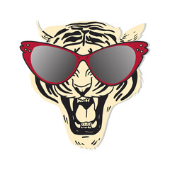 Tiger face with sunglasses illustration isolated on png Transparent background