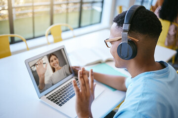 Video call, webinar and male student or employee waving for conference meeting on laptop, headphone...