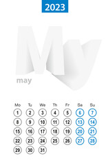 Calendar for May 2023, blue circle design. English language, week starts on Monday.