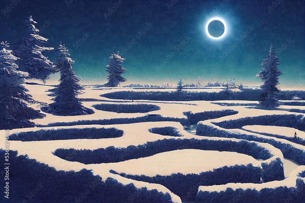 Poster abstract winter landscape scene with a podium for product display. 3d rendering.