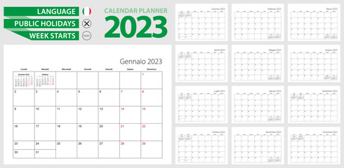 Italian calendar planner for 2023. Italian language, week starts from Monday.