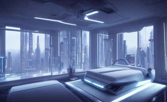Luxurious futuristic bright and spacious bedroom with huge floor-to-ceiling panoramic windows. Outside the windows is a cyberpunk city with neon lights. 3D render