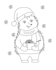 Hedgehog with gift. Coloring book for kids. Vector outline illustration