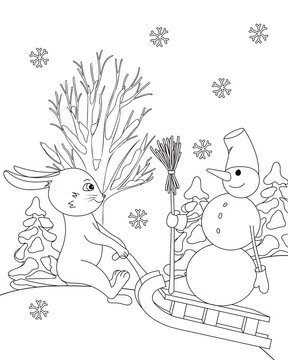 A hare carries a snowman on a sleigh. Coloring book for kids. Vector outline illustration