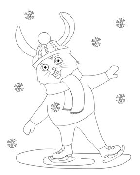 Coloring page of a cute cartoon rabbit skating. Coloring book for kids. Vector outline illustration