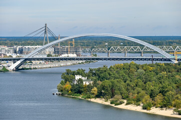 Top view of the bridge across the Dnieper river in the city of Kyiv 