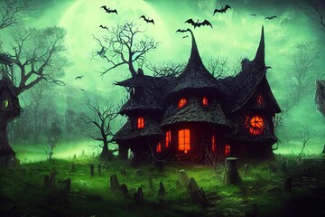 Fototapeta na wymiar Spooky Witch Hut of Mystical Ghost Land Village 3D Art Halloween Horror Illustration. Creepy Old House in Mysterious Woods Fantasy Background. Nightmare Sinister Environment AI Generated Art Wallpaper