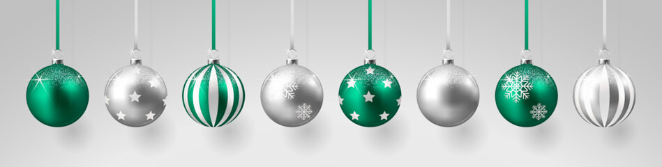 Silver and green christmas balls with shadow	