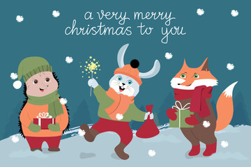 Cute baby animals with gifts. Forest animals. Christmas vector greeting card.