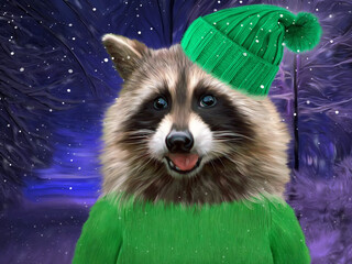 illustration funny cute raccoon in winter in a green sweater and hat, enjoying life, new year, digital painting, oil paints, oil strokes, painted in oil style