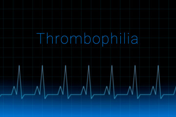 Thrombophilia disease. Thrombophilia logo on a dark background. Heartbeat line as a symbol of human disease. Concept Medication for disease Thrombophilia.