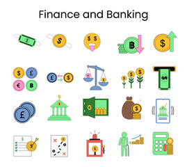 Finance and banking icon set element. Collections Illustration of money, gold, bank, crypto currency, sharia bank, financial planning, financial growth and others. Vector design of finance element.