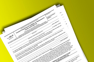 Form 921-P documentation published IRS USA 10.25.2019. American tax document on colored